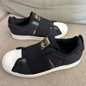 Adidas Superstar Slip-On Sneakers - Black, White, and Gold
